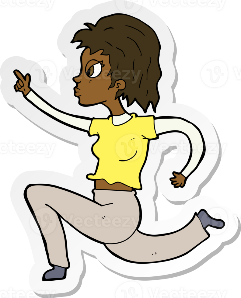 sticker of a cartoon woman running and pointing png