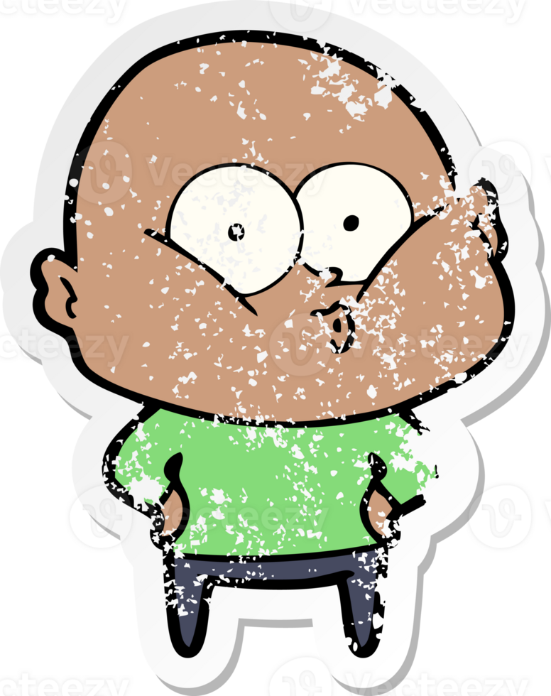 distressed sticker of a cartoon bald man staring png