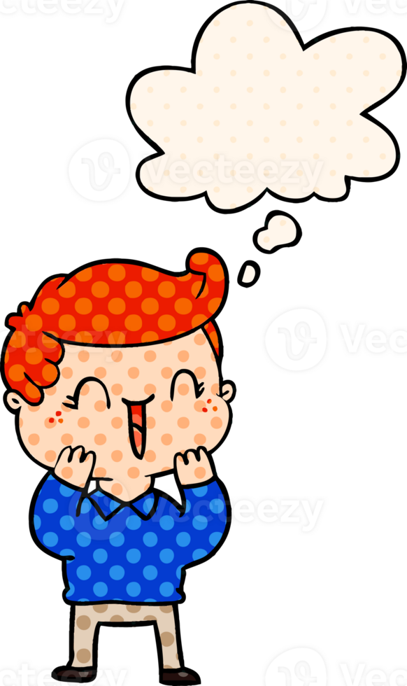 cartoon laughing boy with thought bubble in comic book style png