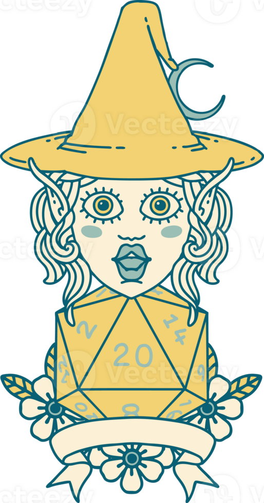 Retro Tattoo Style elf mage character with natural twenty dice roll png