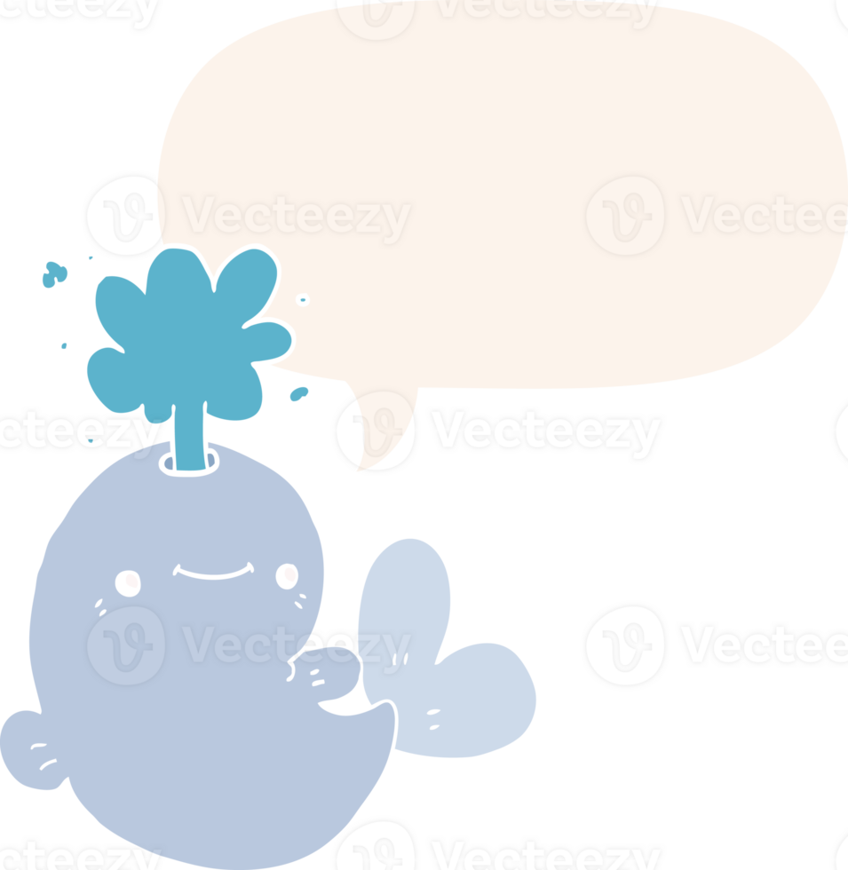 cartoon whale spouting water with speech bubble in retro style png