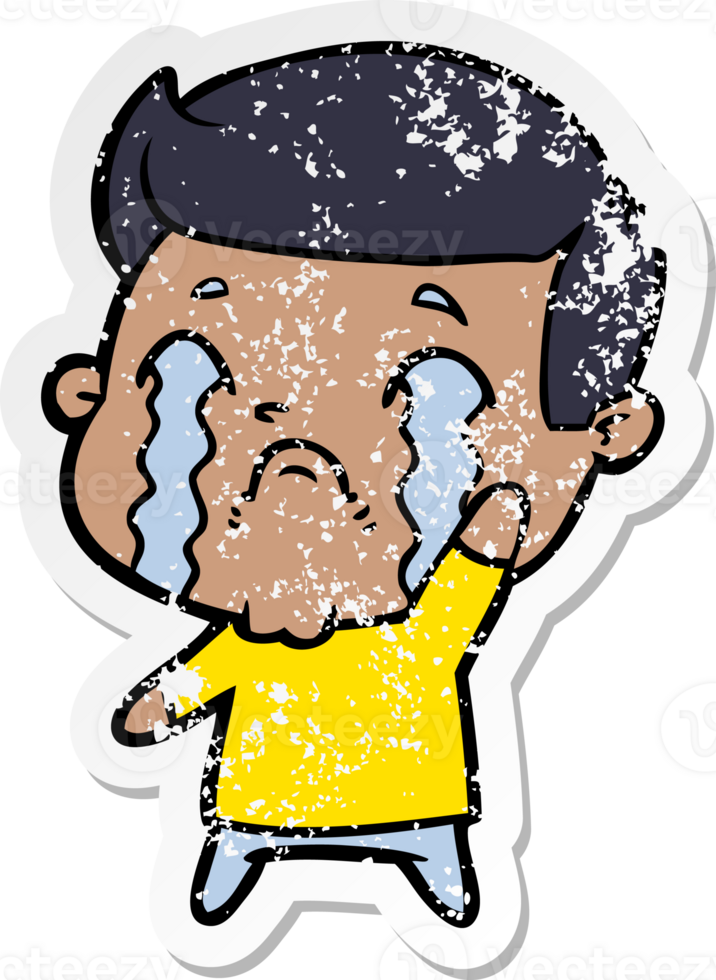 distressed sticker of a cartoon man crying png