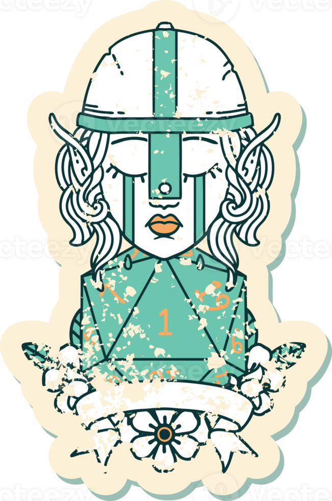 Retro Tattoo Style crying elf fighter character face with natural one D20 roll png