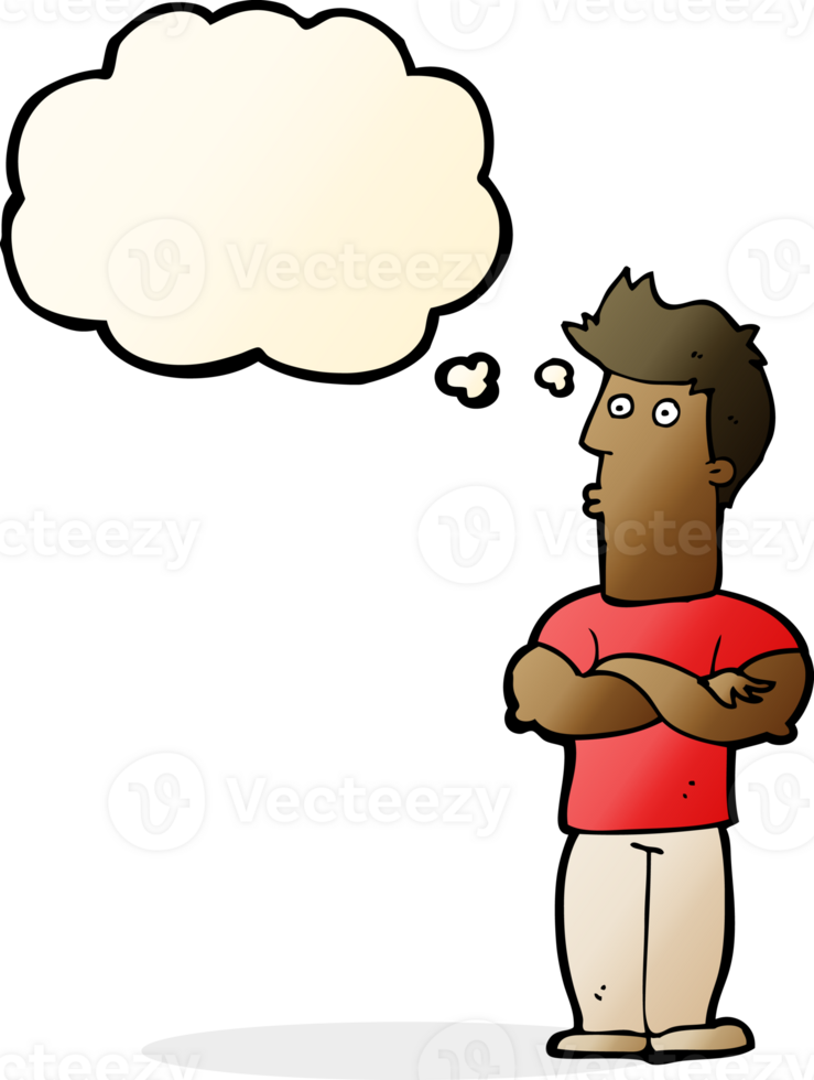 cartoon man with folded arms with thought bubble png