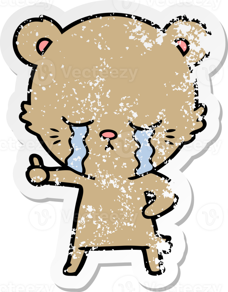 distressed sticker of a crying cartoon bear giving thumbs up png