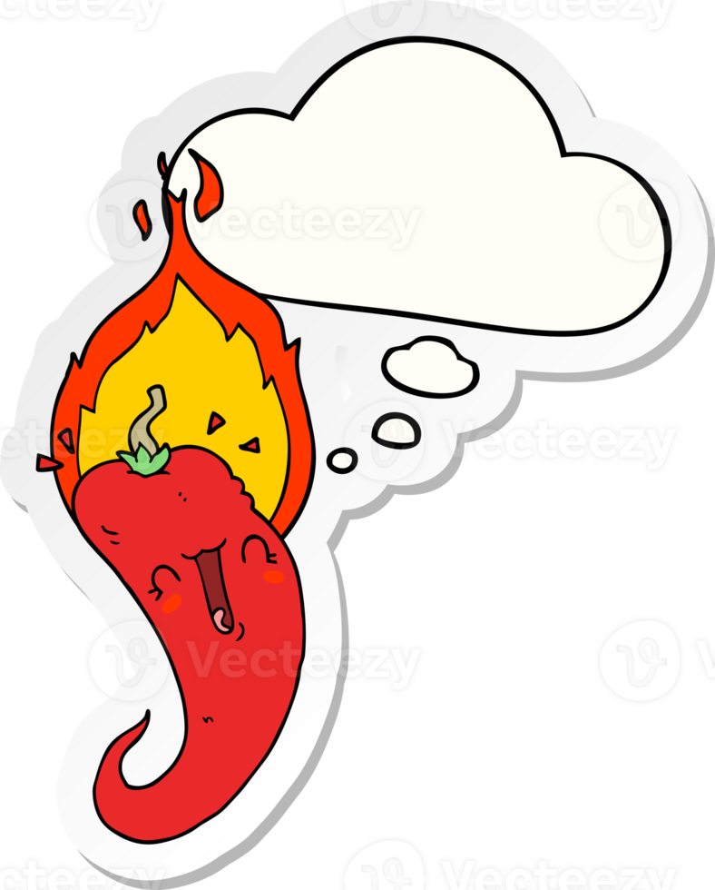 cartoon flaming hot chili pepper with thought bubble as a printed sticker png