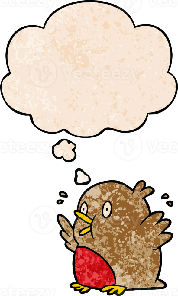 cartoon excited robin with thought bubble in grunge texture style png