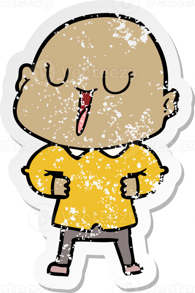 distressed sticker of a happy cartoon bald man png