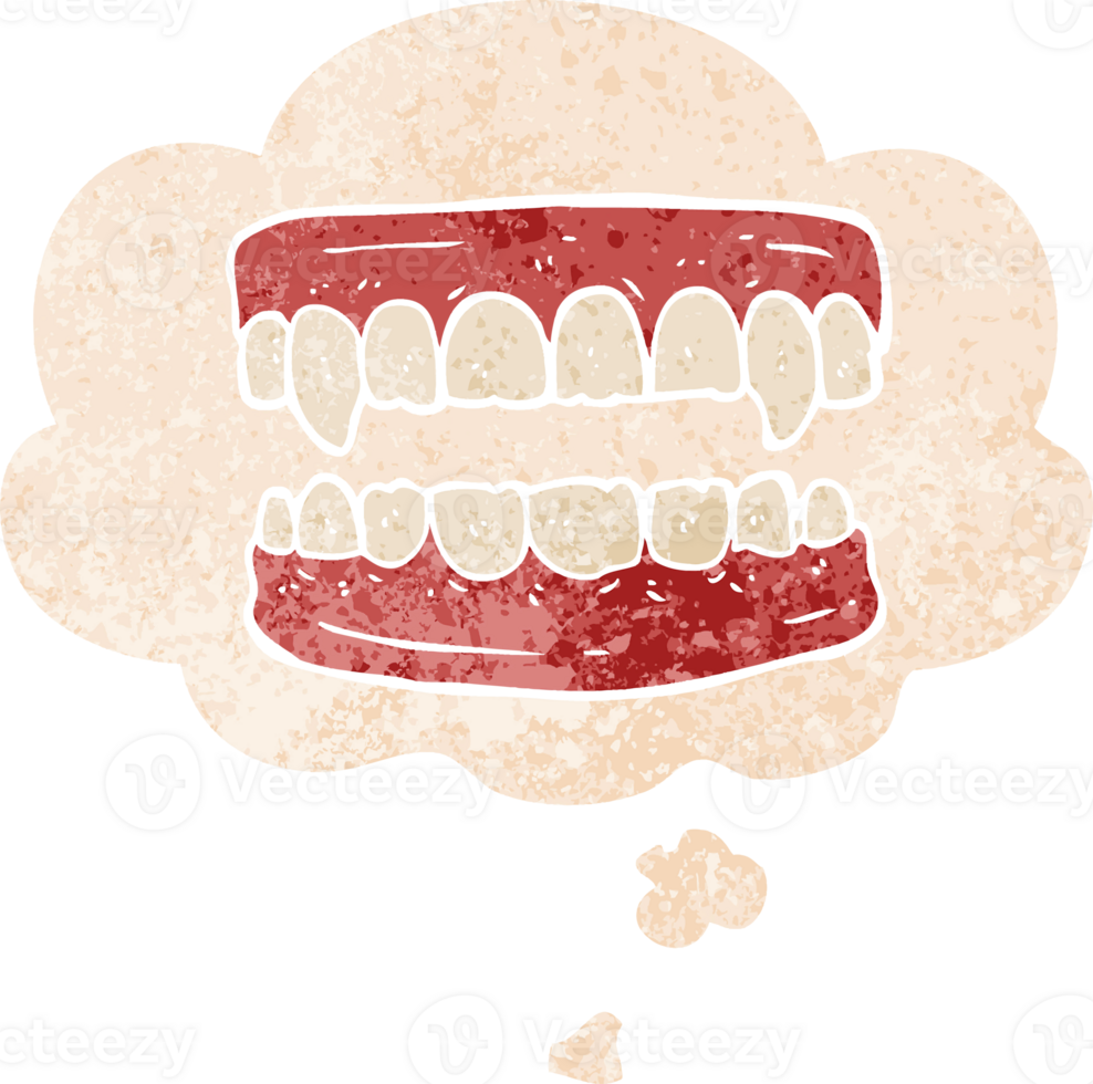 cartoon vampire teeth with thought bubble in grunge distressed retro textured style png
