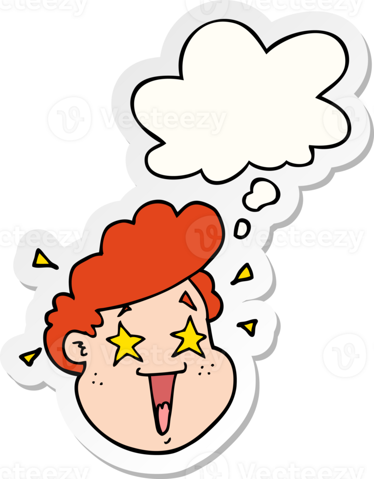 cartoon happy face with thought bubble as a printed sticker png