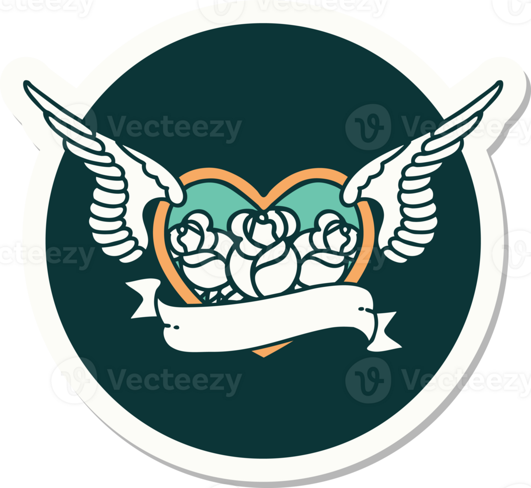 sticker of tattoo in traditional style of a flying heart with flowers and banner png