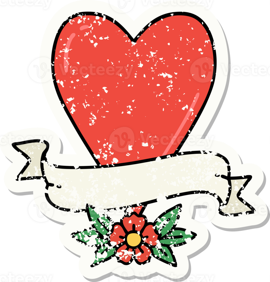 distressed sticker tattoo in traditional style of a heart and banner png