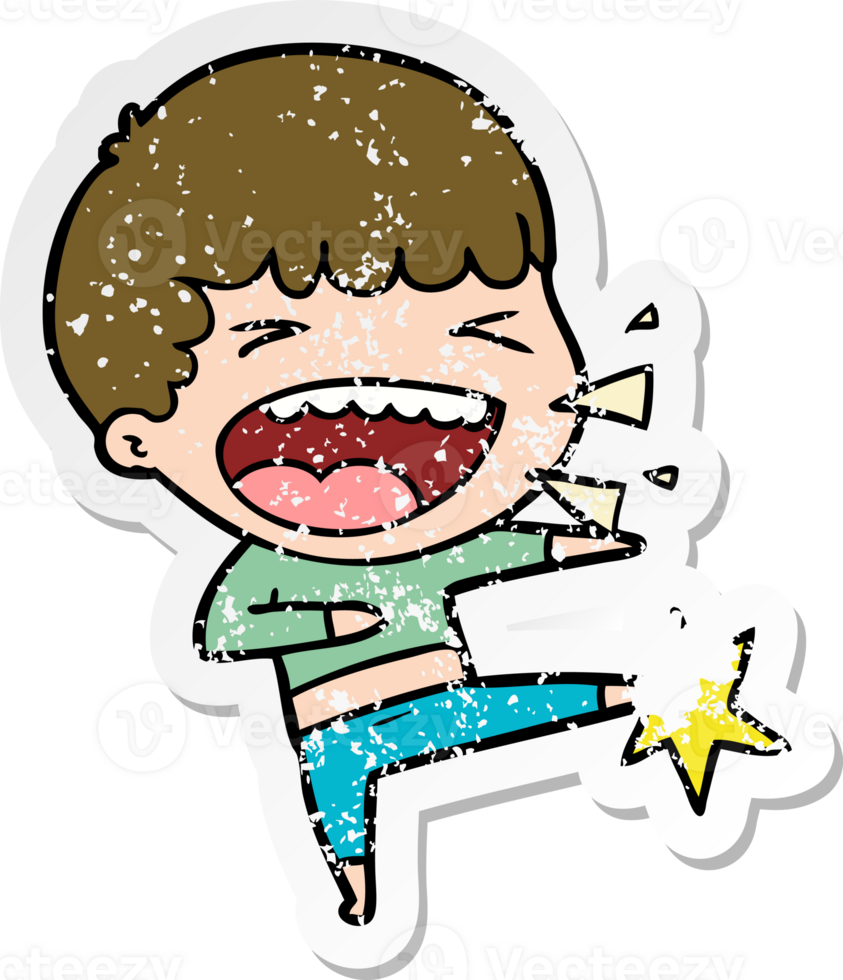 distressed sticker of a cartoon laughing man png