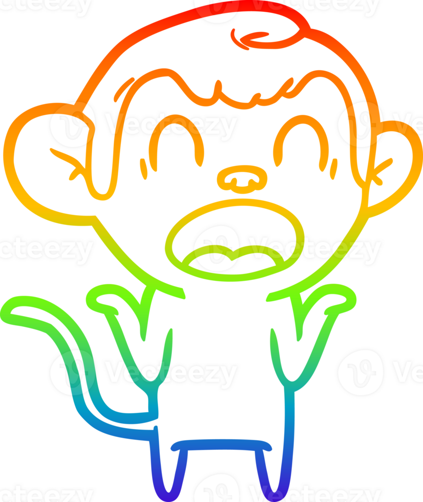 rainbow gradient line drawing of a shouting cartoon monkey shrugging shoulders png