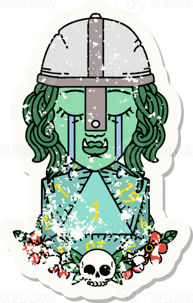 grunge sticker of a crying orc fighter character with natural one D20 roll png