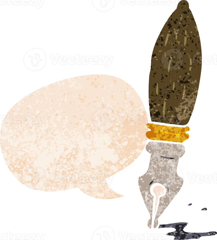 cartoon pen with speech bubble in grunge distressed retro textured style png