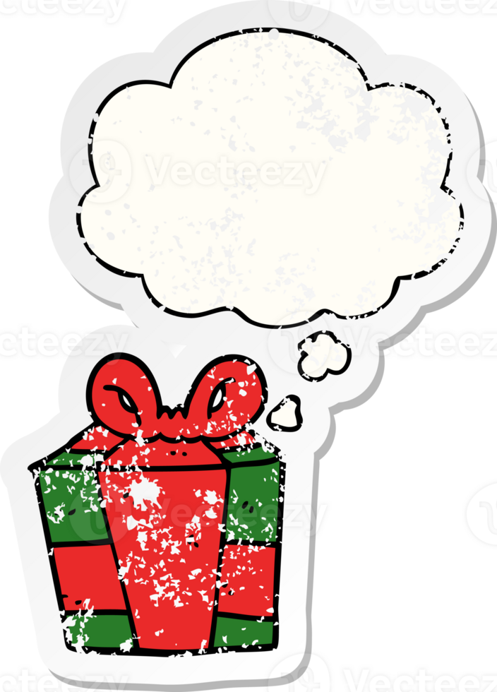 cartoon present with thought bubble as a distressed worn sticker png