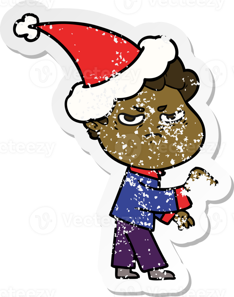 hand drawn distressed sticker cartoon of a angry man wearing santa hat png