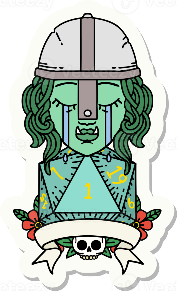 sticker of a crying orc fighter character with natural one D20 roll png
