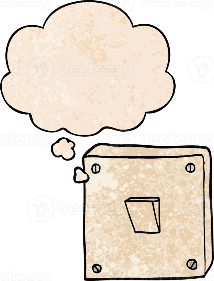 cartoon light switch with thought bubble in grunge texture style png