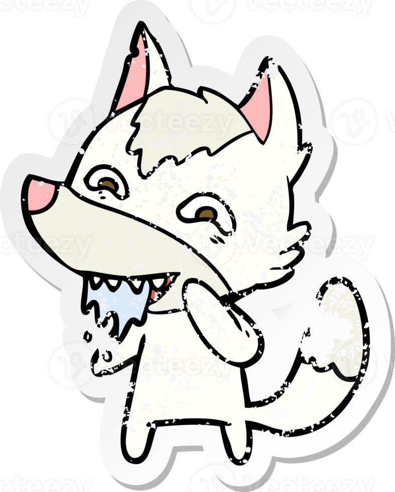 distressed sticker of a cartoon hungry wolf png