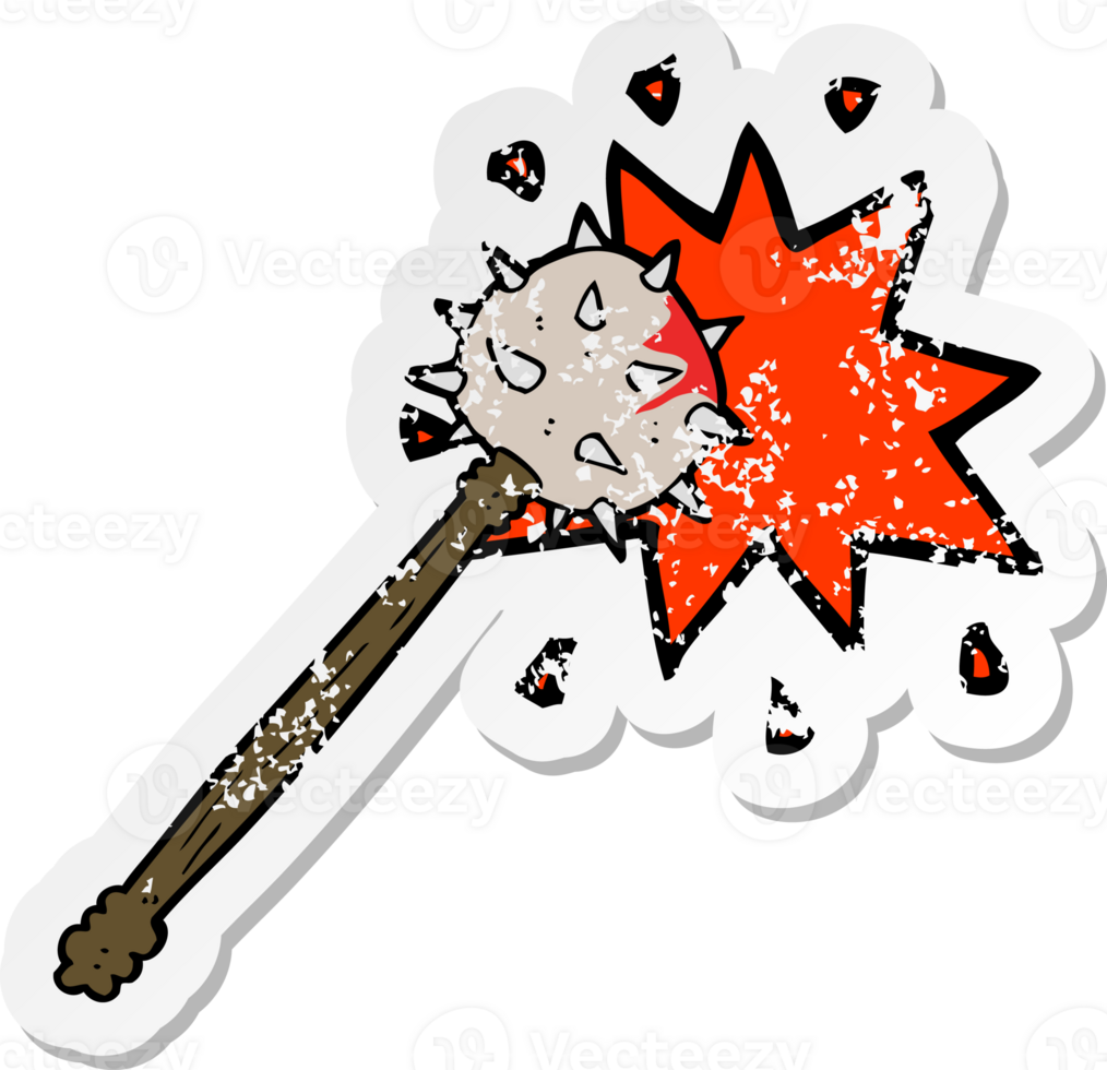 retro distressed sticker of a cartoon bloody medieval mace png