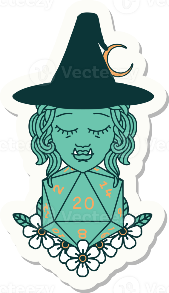 sticker of a half orc wizard with natural twenty dice roll png