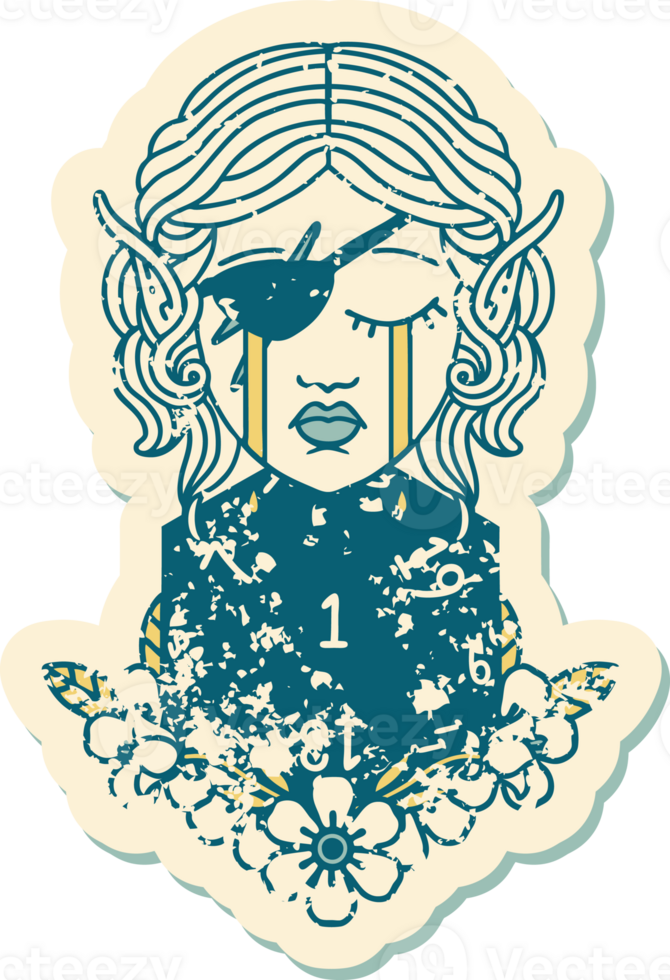 Retro Tattoo Style crying elf rogue character face with natural one D20 roll png
