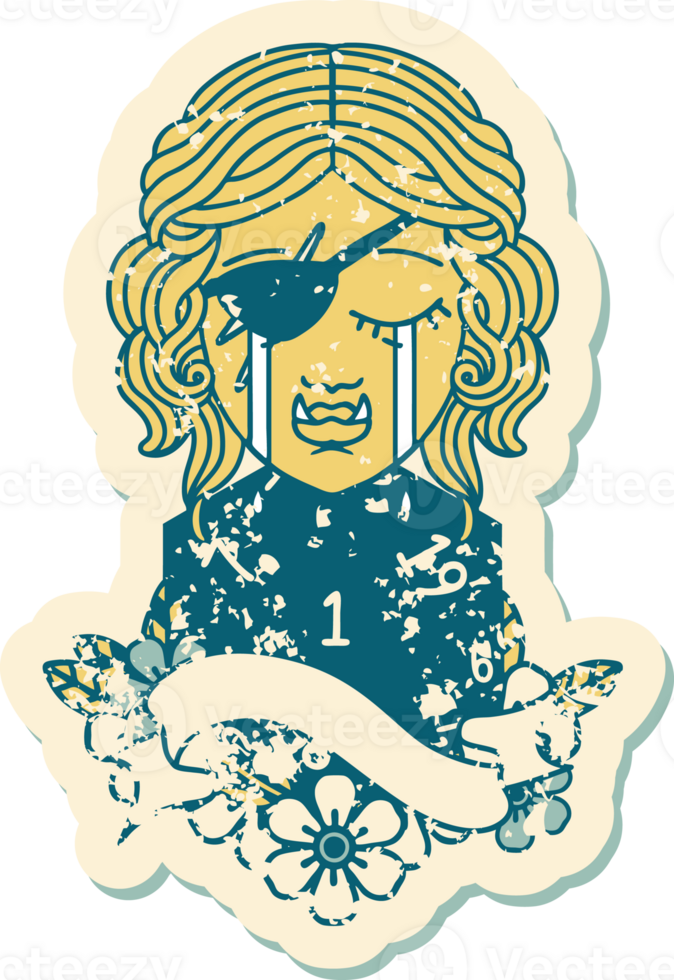 Retro Tattoo Style crying orc rogue character face with natural one d20 dice roll png