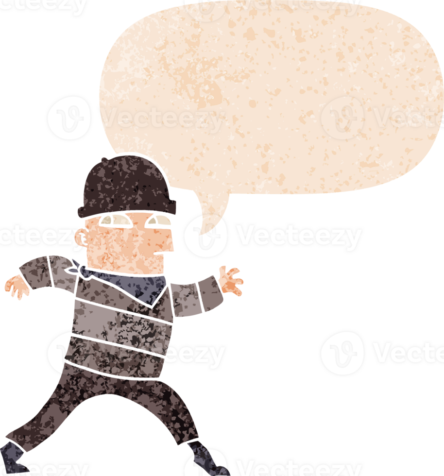 cartoon thief with speech bubble in grunge distressed retro textured style png