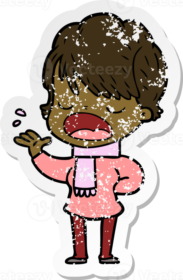 distressed sticker of a cartoon woman talking png