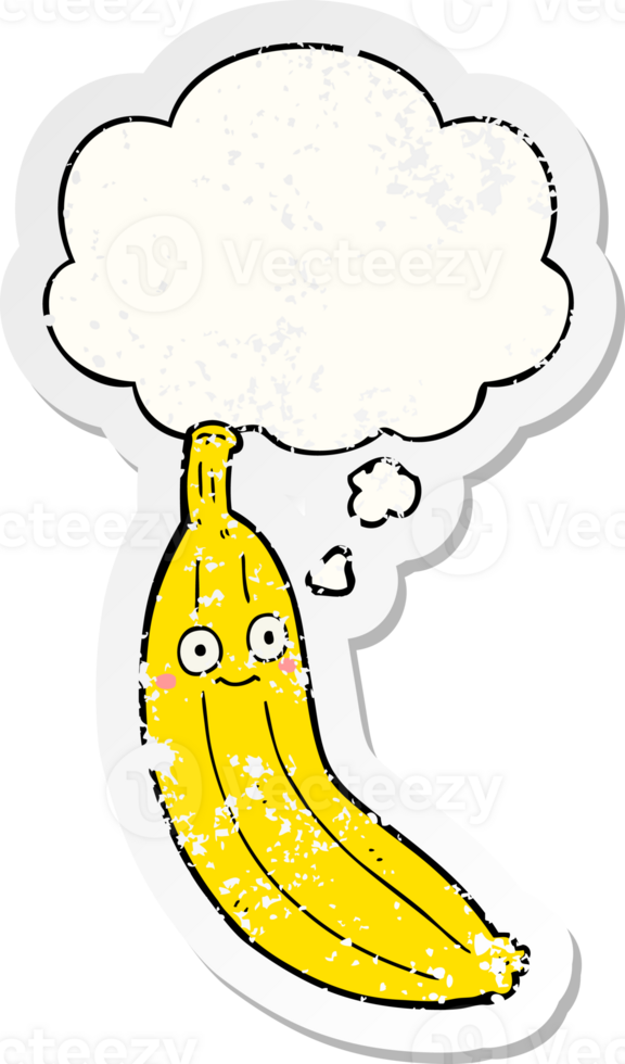 cartoon banana with thought bubble as a distressed worn sticker png
