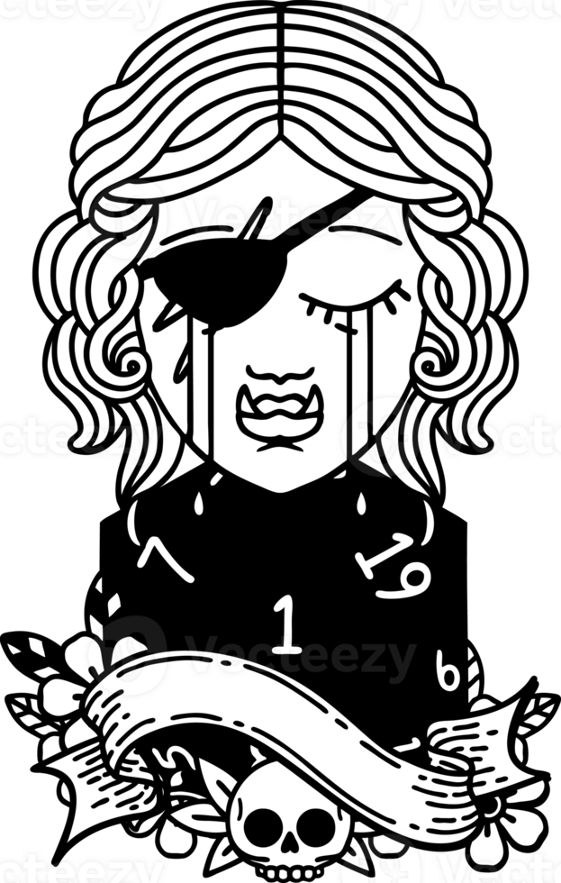 Black and White Tattoo linework Style crying orc rogue character face with natural one D20 roll png