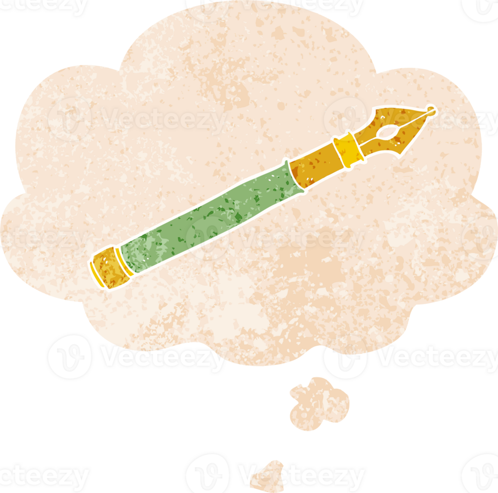 cartoon fountain pen with thought bubble in grunge distressed retro textured style png