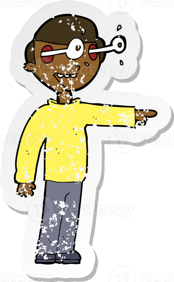 retro distressed sticker of a cartoon staring man png