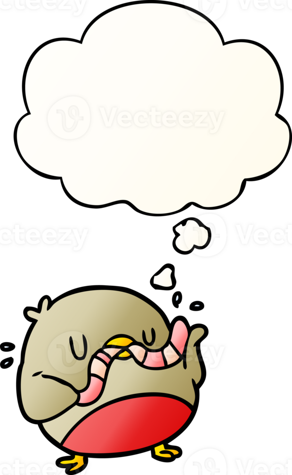 cartoon robin with worm with thought bubble in smooth gradient style png