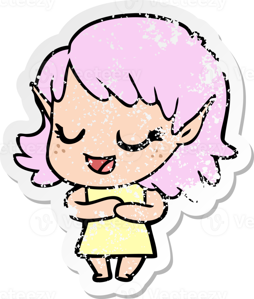 distressed sticker of a happy cartoon elf girl png