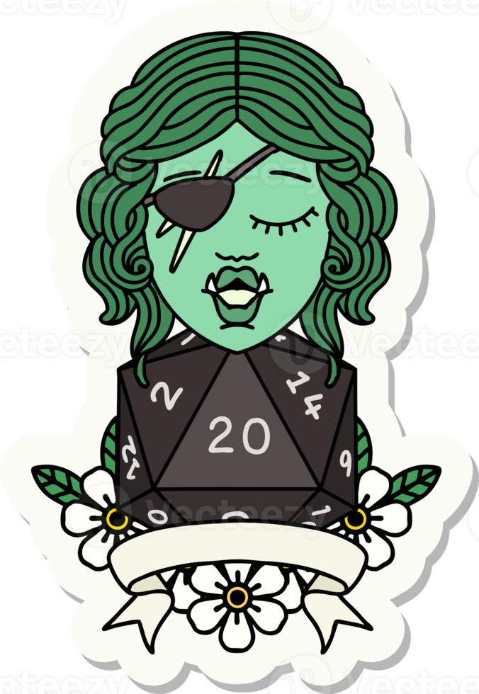 sticker of a half orc rogue character with natural twenty dice roll png
