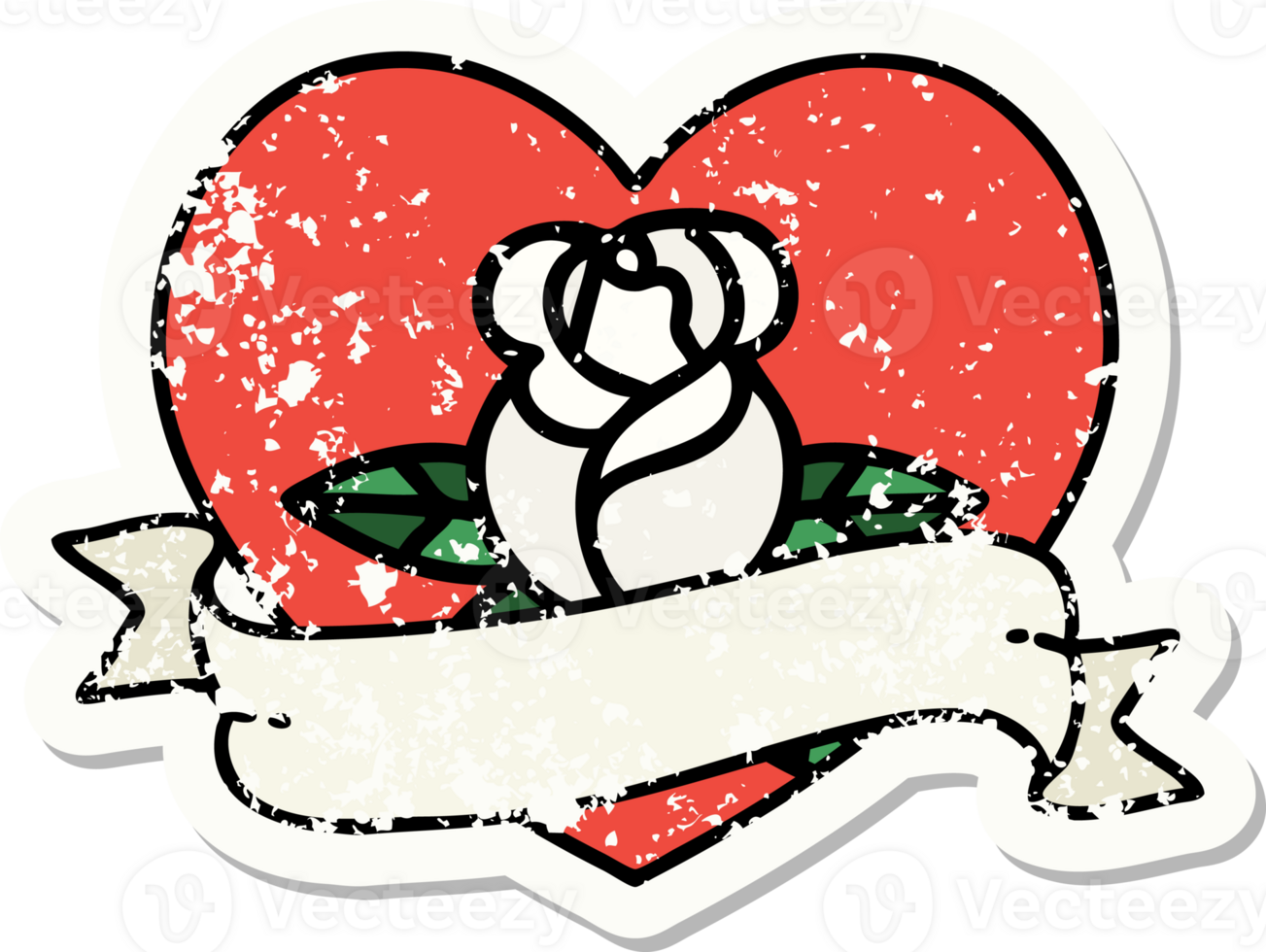 distressed sticker tattoo in traditional style of a heart rose and banner png
