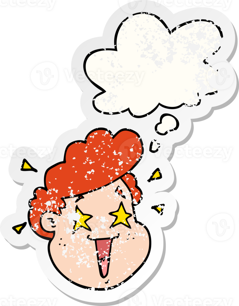 cartoon happy face with thought bubble as a distressed worn sticker png