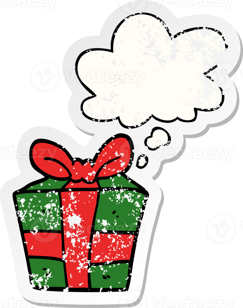 cartoon present with thought bubble as a distressed worn sticker png