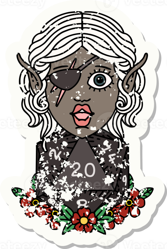 Retro Tattoo Style elf rogue character with natural twenty dice roll png