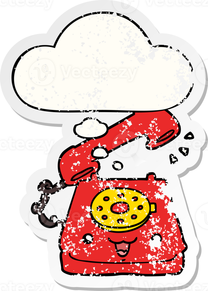 cute cartoon telephone with thought bubble as a distressed worn sticker png