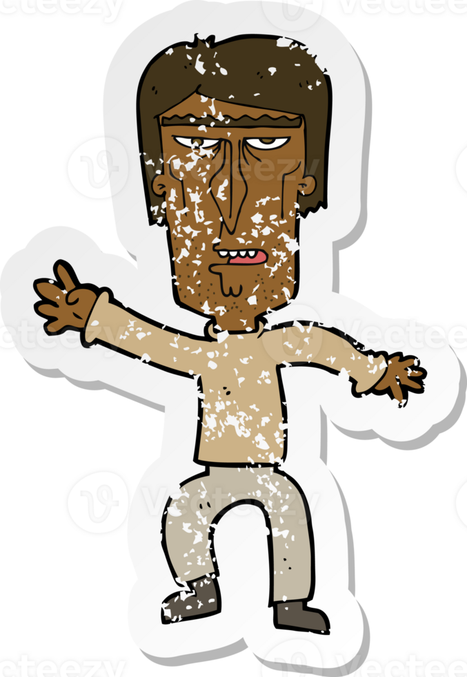 retro distressed sticker of a cartoon angry man waving warning png