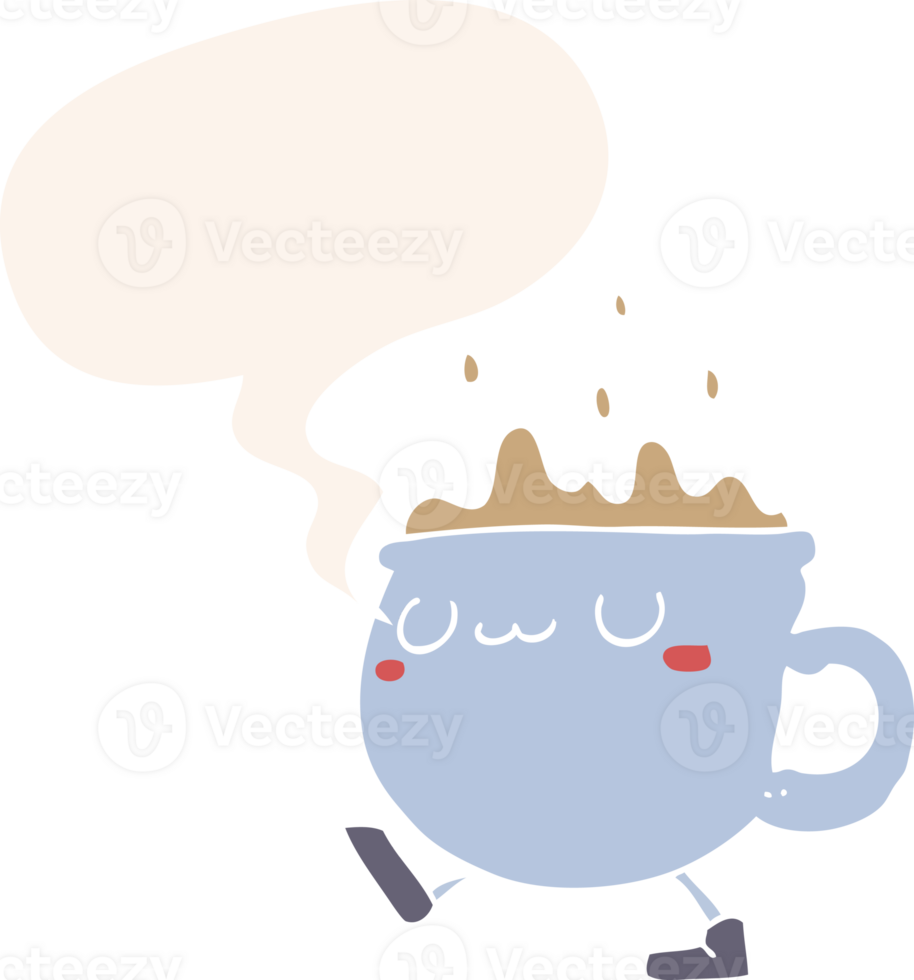 cartoon coffee cup walking with speech bubble in retro style png