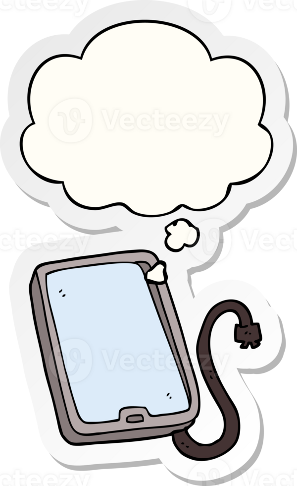 cartoon computer tablet with thought bubble as a printed sticker png