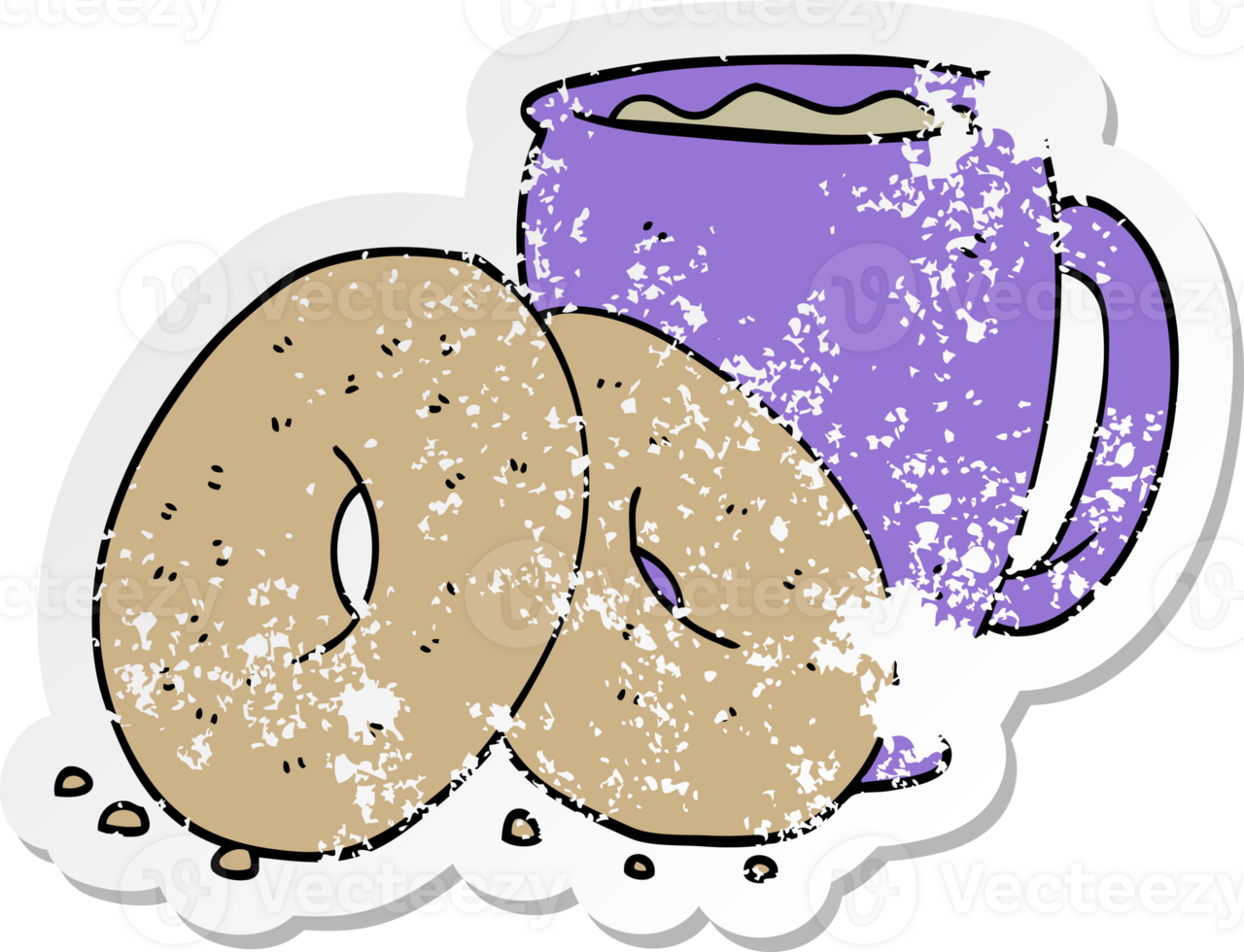 distressed sticker of a cartoon coffee and donuts png