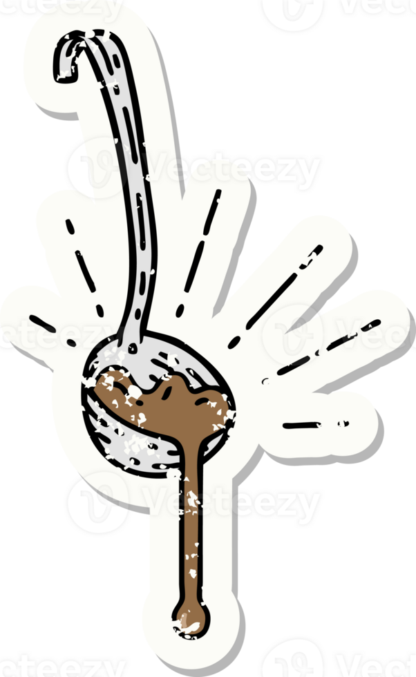 worn old sticker of a tattoo style ladle of gravy png