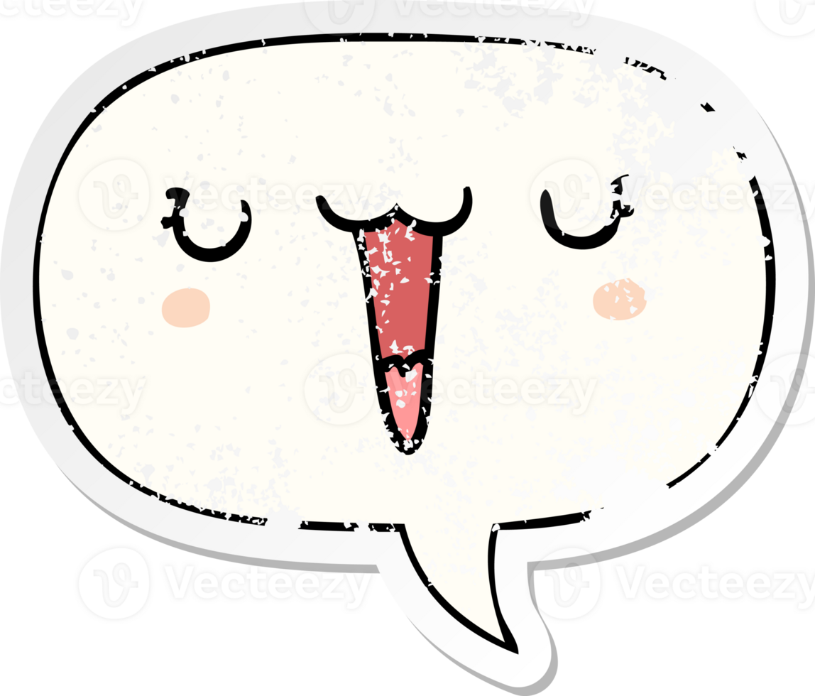 cute happy cartoon face with speech bubble distressed distressed old sticker png