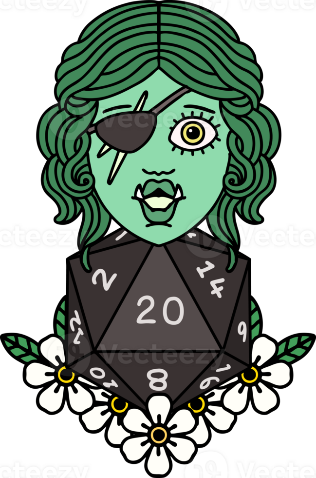 Retro Tattoo Style half orc rogue with natural twenty dice roll png